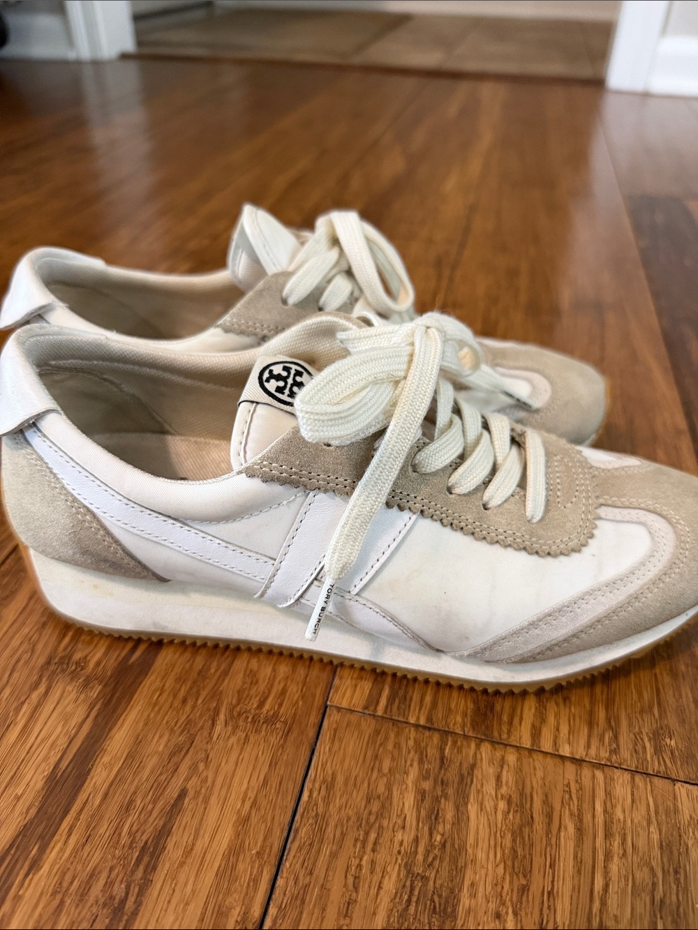 Tory Burch Cream and Beige Suede & Leather Retro Sneakers